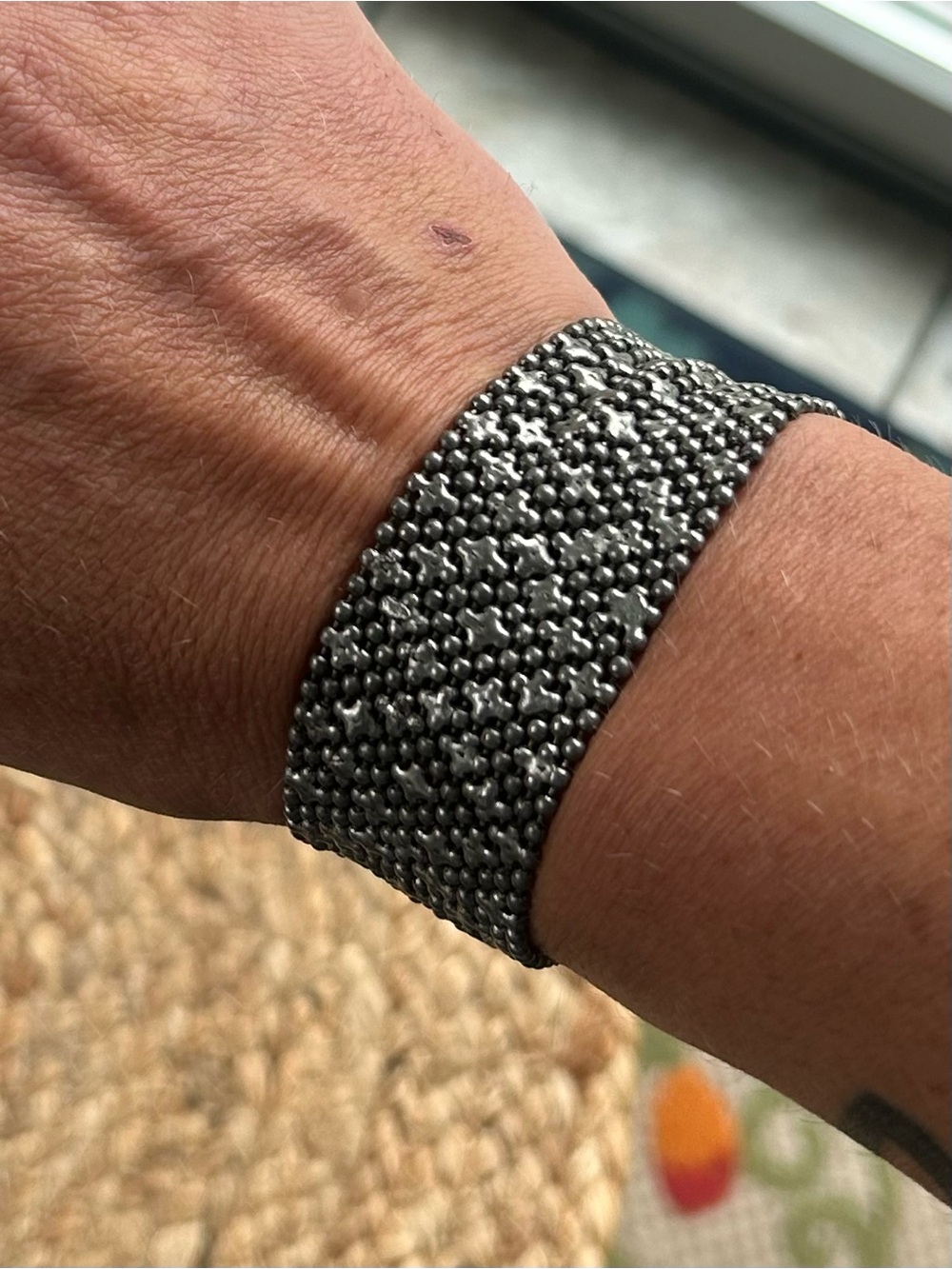Vintage Silver Tone Mesh Chainmail Wide Cuff Bracelet Cross Beaded Snap 7”
